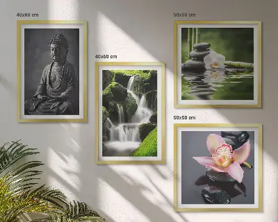 Set posters met lijst met ZEN-schilderijen van waterstenen en een Boeddha
