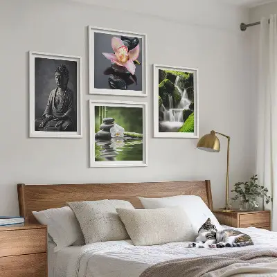 Set posters met lijst met ZEN-schilderijen van waterstenen en een Boeddha