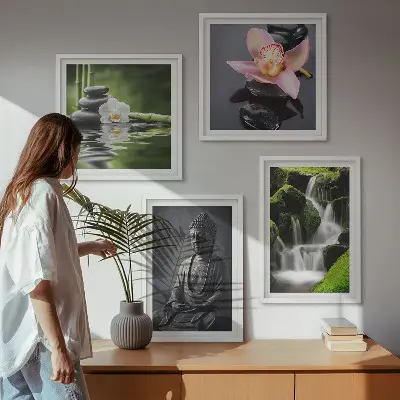 Set posters met lijst met ZEN-schilderijen van waterstenen en een Boeddha