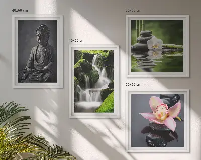 Set posters met lijst met ZEN-schilderijen van waterstenen en een Boeddha