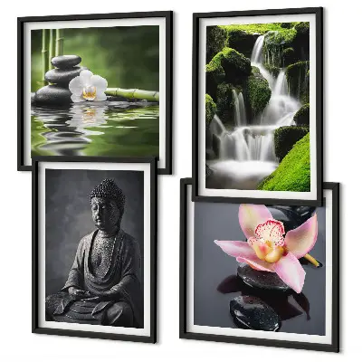 Set posters met lijst met ZEN-schilderijen van waterstenen en een Boeddha