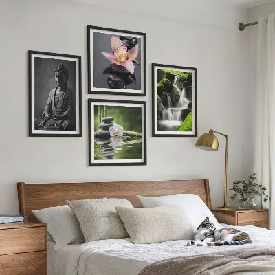 Set posters met lijst met ZEN-schilderijen van waterstenen en een Boeddha