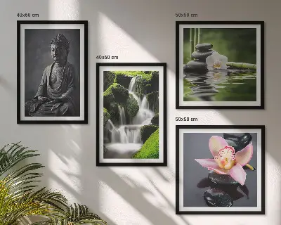 Set posters met lijst met ZEN-schilderijen van waterstenen en een Boeddha