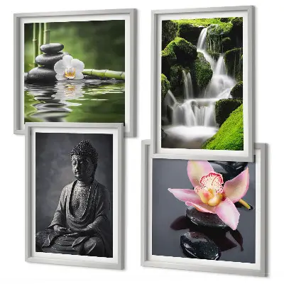 Set posters met lijst met ZEN-schilderijen van waterstenen en een Boeddha