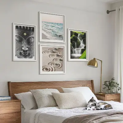 Boeddha wanddecoratie meerluik in lijst met rustig natuurthema