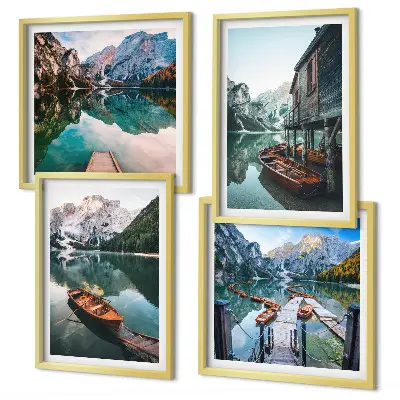 Set van posters met lijst met afbeelding van meer, bergen, boten en een huisje