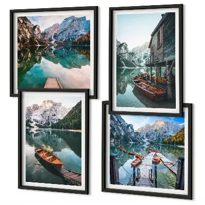Set van posters met lijst met afbeelding van meer, bergen, boten en een huisje