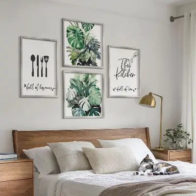 Set posters met lijst met patronen van keukengerei en bladeren