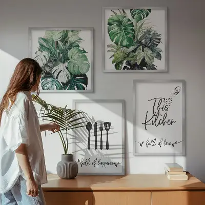 Set posters met lijst met patronen van keukengerei en bladeren