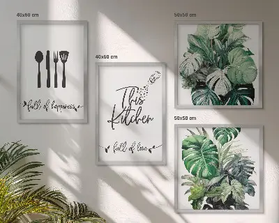 Set posters met lijst met patronen van keukengerei en bladeren