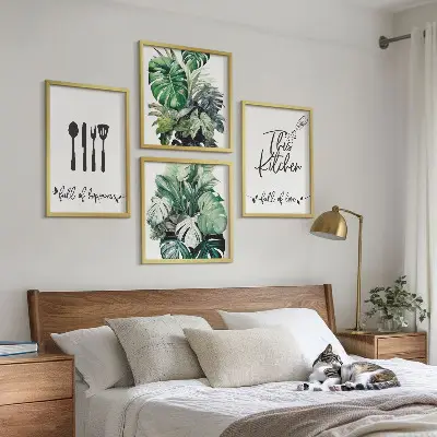 Set posters met lijst met patronen van keukengerei en bladeren