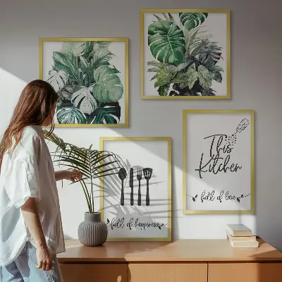 Set posters met lijst met patronen van keukengerei en bladeren