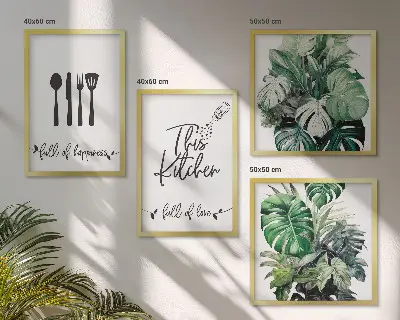 Set posters met lijst met patronen van keukengerei en bladeren