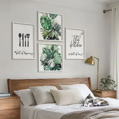 Set posters met lijst met patronen van keukengerei en bladeren