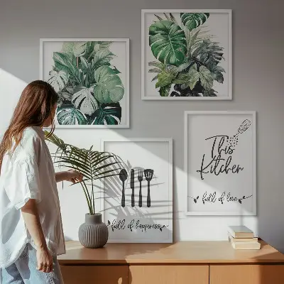 Set posters met lijst met patronen van keukengerei en bladeren