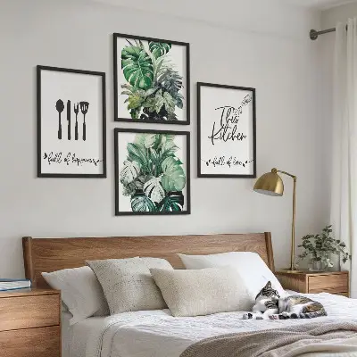Set posters met lijst met patronen van keukengerei en bladeren