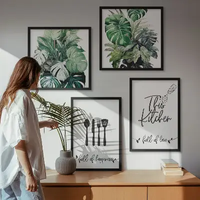 Set posters met lijst met patronen van keukengerei en bladeren