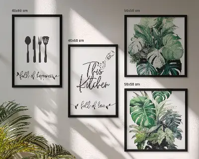 Set posters met lijst met patronen van keukengerei en bladeren