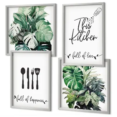 Set posters met lijst met patronen van keukengerei en bladeren