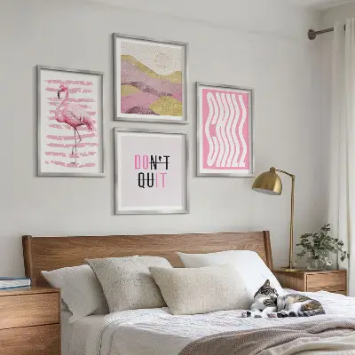 Roze flamingo pastel berglandschap meerluik in lijst