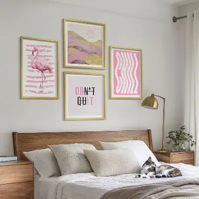 Roze flamingo pastel berglandschap meerluik in lijst