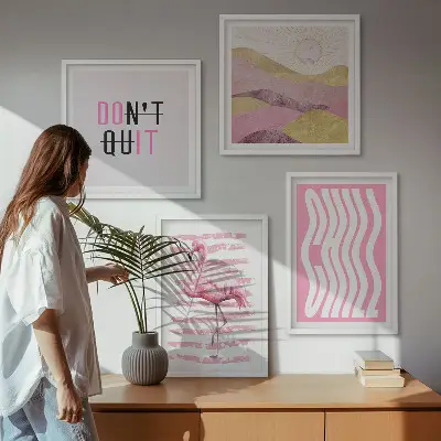 Roze flamingo pastel berglandschap meerluik in lijst