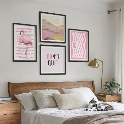 Roze flamingo pastel berglandschap meerluik in lijst