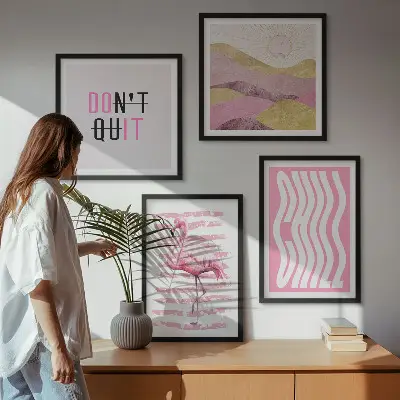 Roze flamingo pastel berglandschap meerluik in lijst