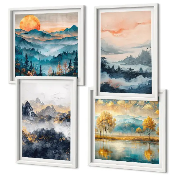 Abstracte schilderijen van de natuur meerluik in lijst