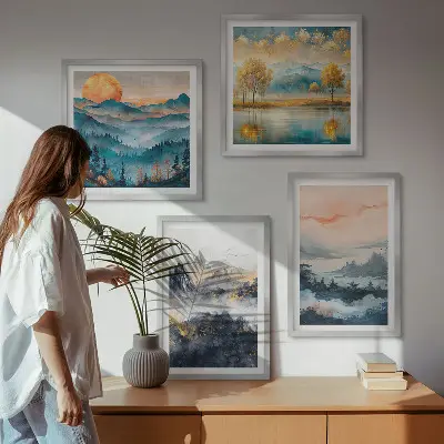 Abstracte schilderijen van de natuur meerluik in lijst