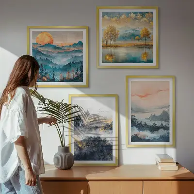 Abstracte schilderijen van de natuur meerluik in lijst