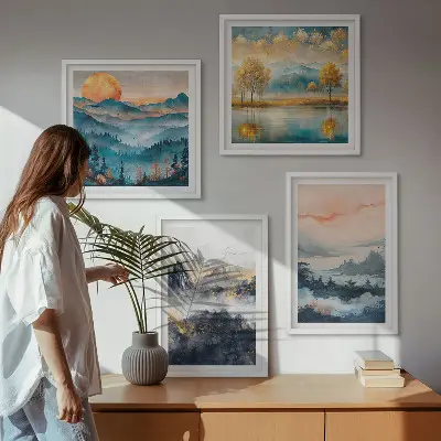 Abstracte schilderijen van de natuur meerluik in lijst