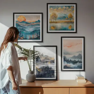 Abstracte schilderijen van de natuur meerluik in lijst