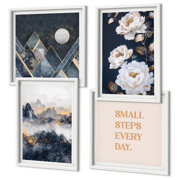 Posterset met lijst abstracte bergen en bloemen