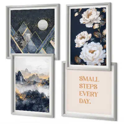 Posterset met lijst abstracte bergen en bloemen