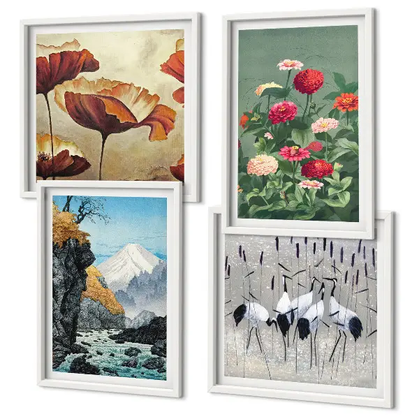 Set van posters met lijst met afbeeldingen van bergen, een waterval, vogels en bloemen