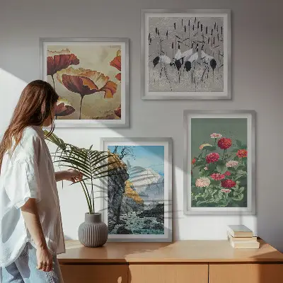 Set van posters met lijst met afbeeldingen van bergen, een waterval, vogels en bloemen