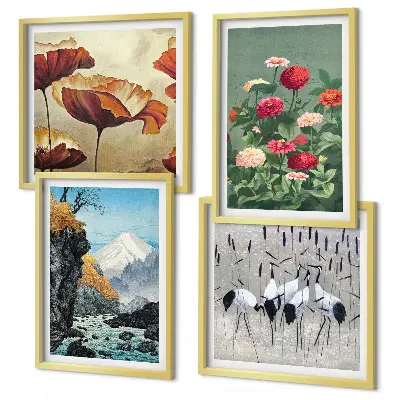 Set van posters met lijst met afbeeldingen van bergen, een waterval, vogels en bloemen