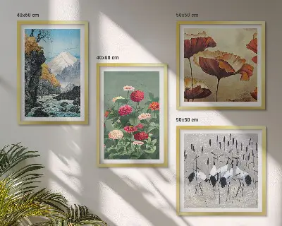 Set van posters met lijst met afbeeldingen van bergen, een waterval, vogels en bloemen