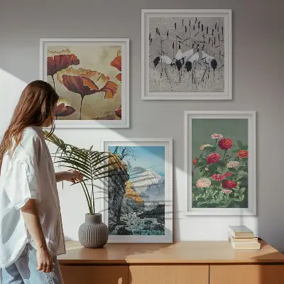 Set van posters met lijst met afbeeldingen van bergen, een waterval, vogels en bloemen