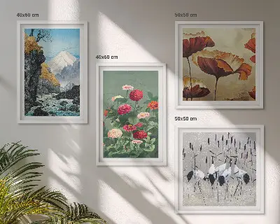 Set van posters met lijst met afbeeldingen van bergen, een waterval, vogels en bloemen