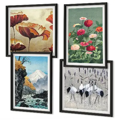 Set van posters met lijst met afbeeldingen van bergen, een waterval, vogels en bloemen