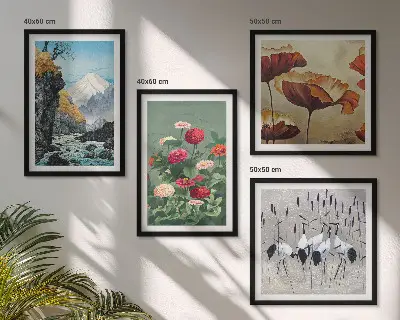 Set van posters met lijst met afbeeldingen van bergen, een waterval, vogels en bloemen