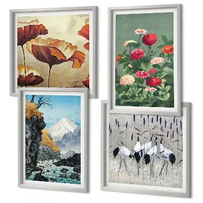 Set van posters met lijst met afbeeldingen van bergen, een waterval, vogels en bloemen