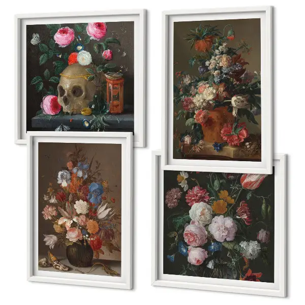 Bloemen in vazen, composities meerluik in lijst