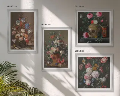 Bloemen in vazen, composities meerluik in lijst