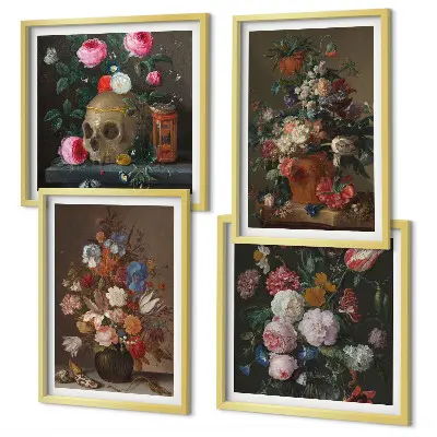 Bloemen in vazen, composities meerluik in lijst