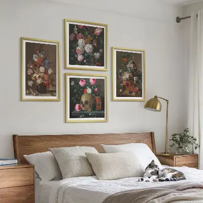 Bloemen in vazen, composities meerluik in lijst