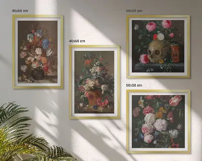 Bloemen in vazen, composities meerluik in lijst