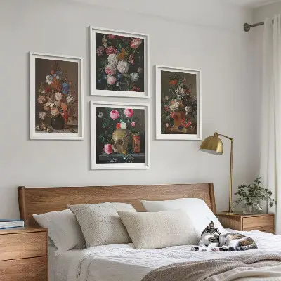 Bloemen in vazen, composities meerluik in lijst